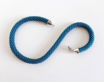 Teal Necklace // Beaded Rope Necklace // Dark Teal Necklace // Bead Crochet Necklace // Blue Crocheted Choker // Teal Short necklace