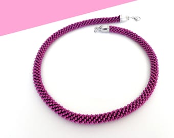 Fuchsia Beaded Rope Necklace. Pink Thin Necklace. Magenta Bead Crochet Necklace. Gift Idea for Her. Short Rope Necklace. Spring Accessories