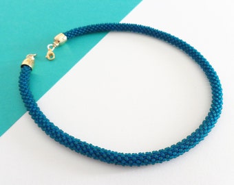 Teal Beaded Rope Necklace. Thin Necklace. Blue Green Bead Crochet Necklace. Mother's Day Gift Idea. Green Short Rope Necklace.