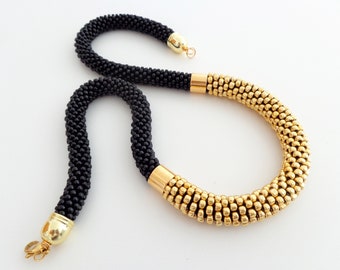 Black and Gold Beaded Rope Necklace, Mother's Day Gift Idea, Bead Crochet Necklace, Beaded Necklace, Statement Necklace