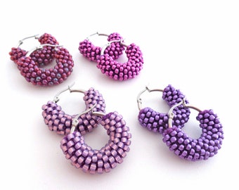 Purple Little Hoop Earrings, Yarrow Pink Earrings, Purple Beaded Earrings, Purple Accessories, Christmas Gift Idea For Her, Daily Jewels