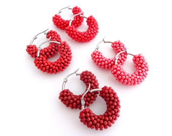 Red Little Hoop Earrings, Coral Red Earrings, Red Beaded Earrings, Red Accessories, Christmas Gift Idea For Her, Daily Jewels