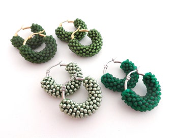 Green Little Hoop Earrings, Green Earrings, Green Beaded Earrings, Green Accessories, Christmas Gift Idea For Her