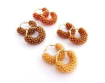 Orange Little Hoop Earrings, Yellow Earrings, Beaded Earrings, Saffron Orange Earrings, Christmas Gift Idea, Gift Idea For Her