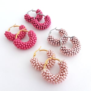 Blush Pink Little Hoop Earrings, Pastel Pink Earrings, Pink Beaded Earrings, Pastel Accessories, Christmas Gift Idea For Her, Daily Jewels