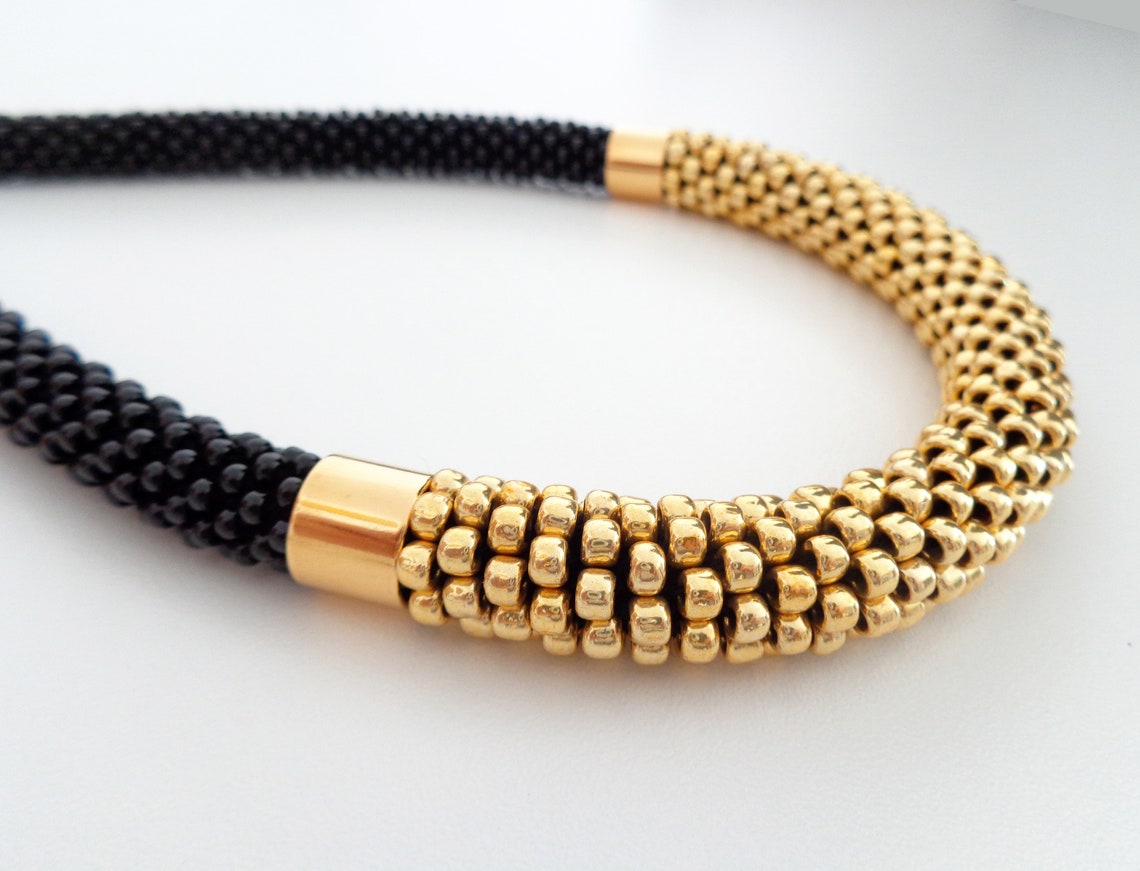 Black and Gold Beaded Rope Necklace, Mother's Day Gift Idea, Bead ...