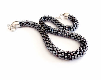 Hematite Grey Beaded Rope Necklace Mother's Day Gift Idea Grey Necklace Geometric Jewel High Fashion Jewel/Crocheted Necklace