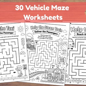 May include: A set of 30 vehicle maze worksheets featuring black and white line art. Each page includes a unique puzzle with themes like Help the Taxi, Help the Steam Train, and Help the Car, complete with instructions, start points, and goal destinations.