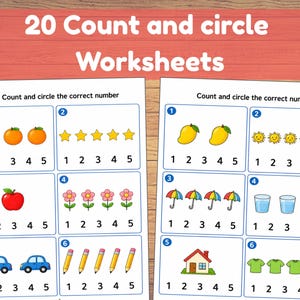 Könnte beinhalten: Zwei pädagogische Arbeitsblätter mit dem Titel 20 Count and circle Worksheets, die nummerierte Kästchen mit Abbildungen von Orangen, Sternen, Äpfeln, Blumen, Autos, Mangos, Sonnen, Regenschirmen, Wassergläsern, Häusern und Hemden mit den Zahlen 1 bis 5 enthalten.