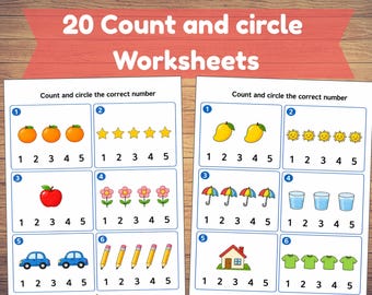 May include: Two educational worksheets titled 20 Count and circle Worksheets featuring numbered boxes with illustrations of oranges, stars, apples, flowers, cars, mangoes, suns, umbrellas, glasses of water, houses, and shirts with numbers 1 through 5.