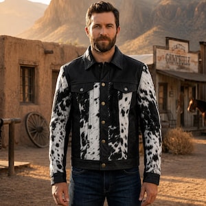 Handmade Cowhide Leather Jacket, Black White Hair-On Hide, Western Cowboy Style