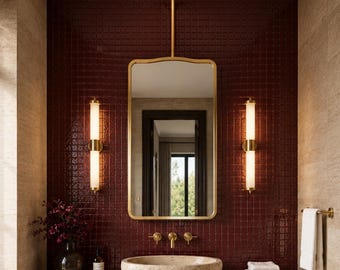 Brass Ceiling Suspended Mirror, Gold Bathroom Vanity Mirror, Scalloped Metal Frame, Custom Size