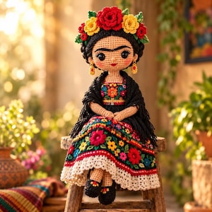 Op de afbeelding: Een gehaakte pop met donker haar versierd met een krans van rode en gele bloemen. De pop draagt een zwarte sjaal over een kleurrijke jurk met gedetailleerd bloemenborduurwerk en een witte gehaakte zoom aan de onderkant.