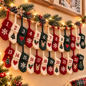 May include: A Christmas advent calendar featuring twenty-four miniature crocheted stockings hung in two rows. Each stocking is numbered from 1 to 24 and decorated with festive motifs including snowflakes, hearts, trees, reindeer, and holly.