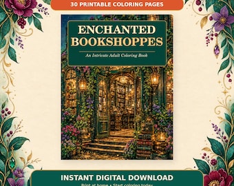 Enchanted Bookshoppes: Intricate Adult Coloring Book (30 Pages, Digital Download)