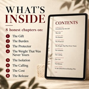 May include: A digital tablet displaying a table of contents titled CONTENTS with eight chapters: The Gift, The Burden, The Protector, The Weight That Was Never Yours, The Isolation, The Calling, The Cost, and The Release, plus a final letter.