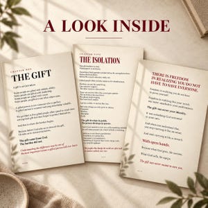 May include: Three off-white pages with black and dark red text titled A LOOK INSIDE. The pages display religious and inspirational content, including Chapter One: THE GIFT and Chapter Five: THE ISOLATION, featuring paragraphs on spiritual growth.