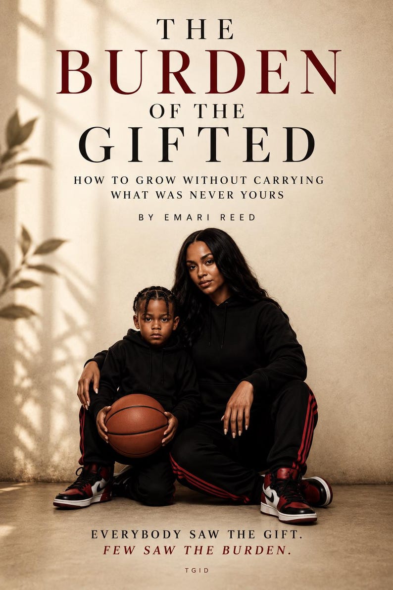 May include: A book cover titled The Burden of the Gifted by Emari Reed. The cover features a photograph of two individuals in black hoodies and black track pants with red stripes, one holding a brown basketball, wearing red and black sneakers.