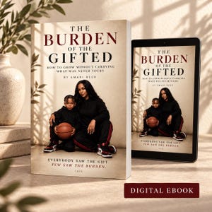 May include: A physical book and a digital tablet displaying the cover of The Burden of the Gifted by Emari Reed. The cover features a photograph of a person and a child in black athletic wear holding a basketball, with the title and subtitle text.