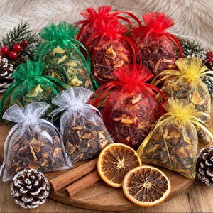 May include: A collection of small, sheer organza drawstring bags in red, green, white, and gold, each filled with a mixture of dried fruit and spices. Two cinnamon sticks and two dried orange slices are placed in front of the bags.