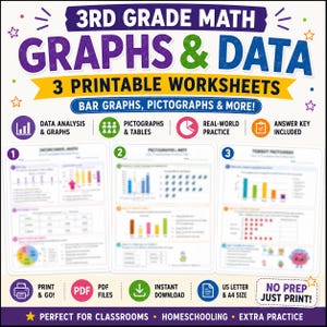 May include: A set of three printable 3rd grade maths worksheets titled Graphs & Data, featuring bar graphs, pictographs, and tables. The document includes data analysis, real-world practice, and an answer key, available in US Letter and A4 sizes.