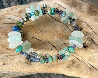 Easy fit real sea glass bracelet.  The sea glass is never altered - just rinsed and drilled. 2 wraps