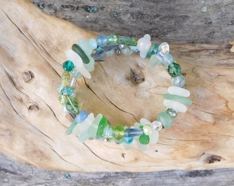 Easy fit real sea glass bracelet.  The sea glass is never altered - just rinsed and drilled. 3 wraps