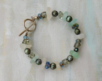 Real sea glass bracelet with Fresh water pearls and Czech beads