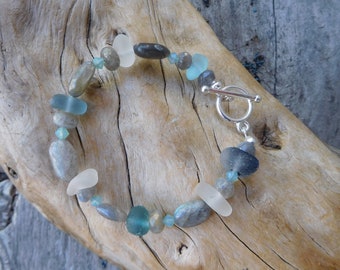 Genuine sea glass bracelet.  Surf Tumbled. Includes End of Day English sea glass