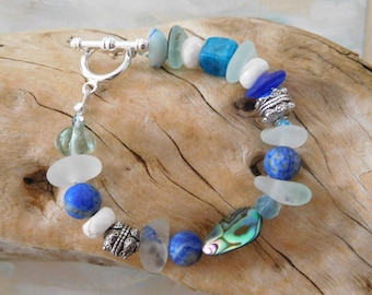 Real sea glass bracelet.  Blue tones.