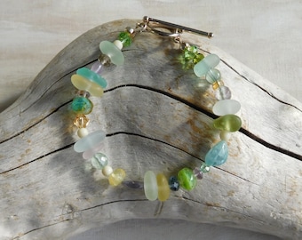 Real Sea Glass Bracelet. Rare colors. Yellow.  Teal.