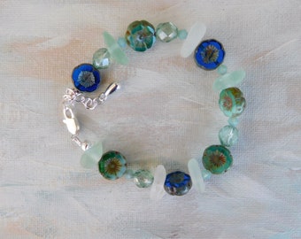 Real sea glass bracelet.  Czech flower beads.