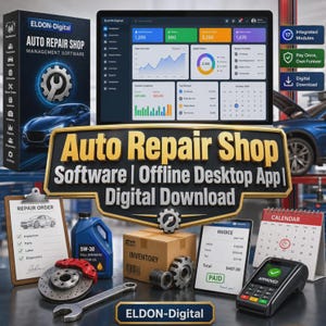 May include: Eldon-Digital Auto Repair Shop management software digital download featuring a dashboard display, a cardboard inventory box, a 5W-30 motor oil jug, a brake rotor, a wrench, a repair order clipboard, an invoice, and a payment terminal.