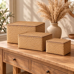 May include: A set of three rectangular storage boxes with lids, each featuring a light brown woven texture. The boxes are arranged in descending order of size, with the largest in the back, the medium in the center, and the smallest in the front.