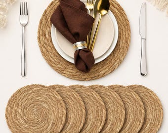 Round Woven Placemats Set of 6, 12 Inch Natural Rattan Wicker Table Mats, Boho Dining Table Decor, Heat Resistant