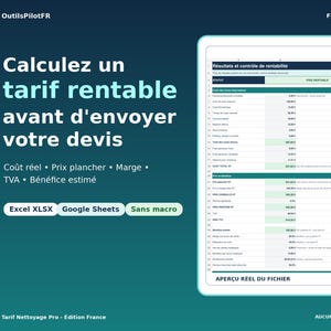 Peut inclure: Un fichier numérique de calcul de tarifs rentables sur fond bleu foncé avec du texte blanc. L'interface présente un tableau financier intitulé 'Résultats et contrôle de rentabilité' avec des colonnes pour les coûts, marges et taxes, compatible avec Excel et Google Sheets.