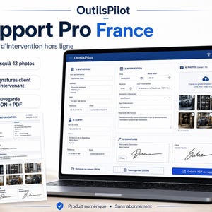 May include: A laptop displaying the OutilsPilot Rapport Pro France software interface for offline intervention reports. The screen shows fields for company, client, intervention details, and photo uploads, alongside a generated PDF document preview.