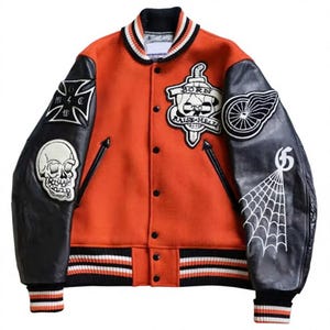 Custom Orange PU Leather Varsity Jacket, Skull Embroidered Bomber, Punk Streetwear Coat