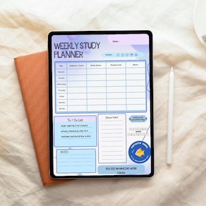 May include: A digital tablet displaying a weekly study planner template with a light blue and purple color scheme. The screen features sections for daily tasks, a to-do list, notes, and motivational text including "attract positivity" and "fintastic work".
