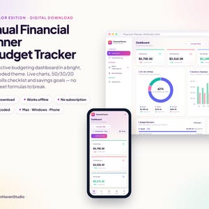 Op de afbeelding: Een digitale jaarlijkse financiële planner en budgettracker weergegeven op een computerscherm en een smartphone. De interface bevat een meerkleurig dashboard met financiële grafieken, een 50/30/20-analyse en een checklist voor rekeningen.