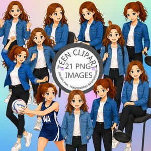 May include: A digital collection of 21 PNG images featuring a cartoon character with long brown hair wearing a blue denim jacket, white shirt, and black pants. One image shows the character in a blue netball uniform holding a netball.