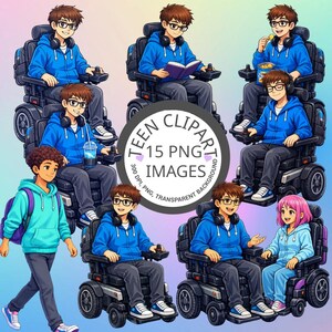 May include: A collection of digital illustrations featuring a young person with brown hair and glasses wearing a blue hoodie, shown in various poses including sitting in a motorized wheelchair, reading a book, eating snacks, and walking with a backpack.