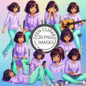 May include: A collection of digital illustrations featuring a character with dark hair wearing a light purple hoodie and teal pants. The character is shown in various poses including sitting, standing, playing an acoustic guitar, and reading a book.