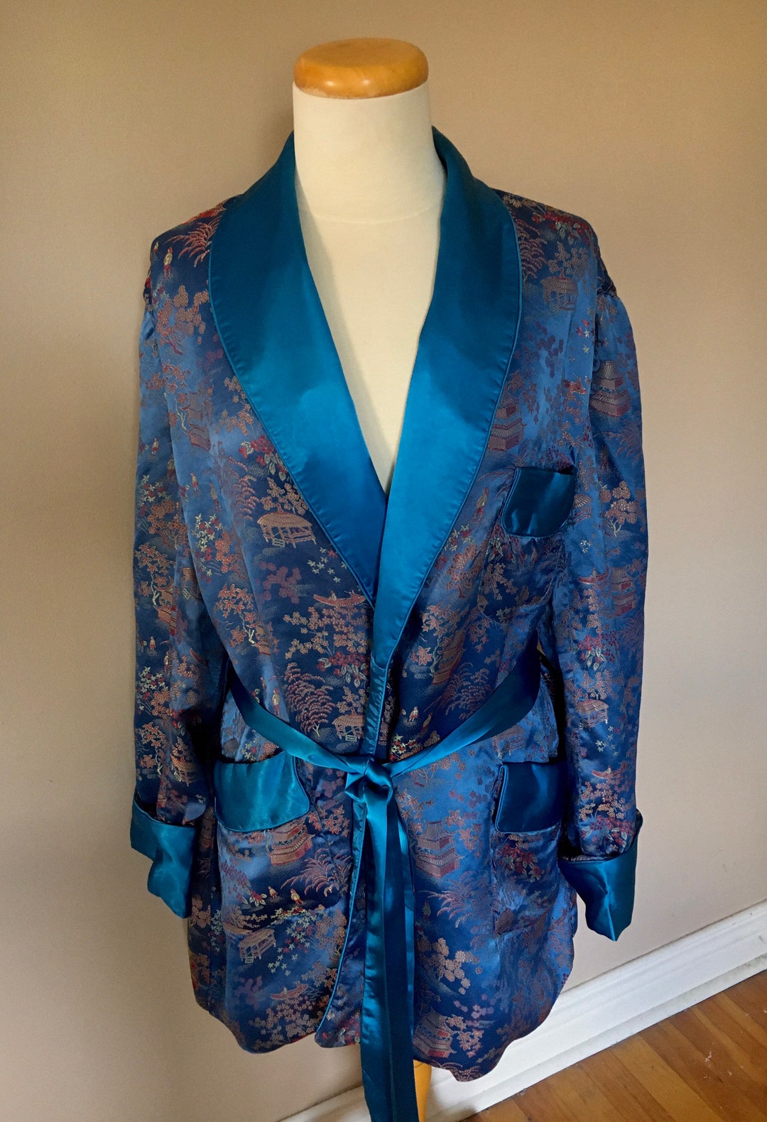 Vintage Smoking Jacket Robe Steel and Royal Blue Chinoiserie Brocade Etsy