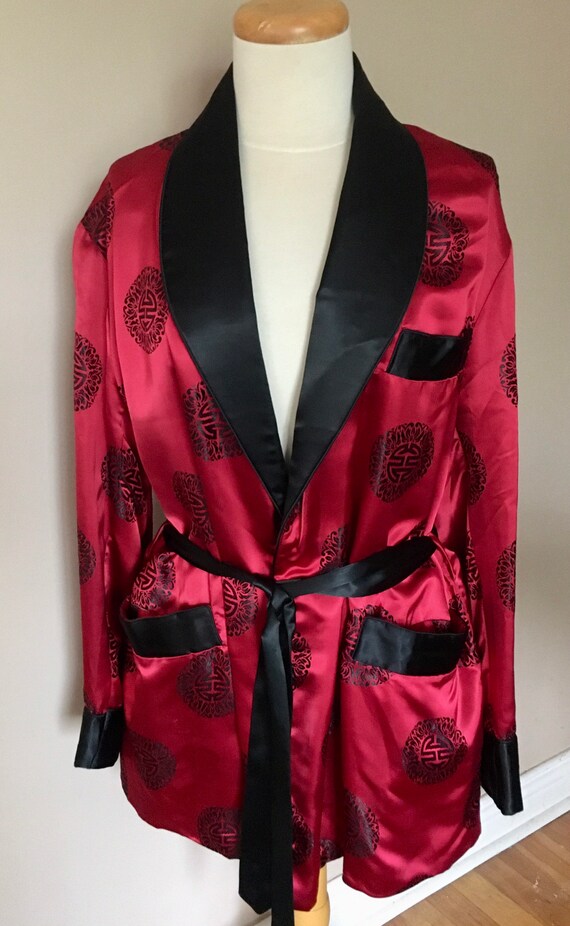 Vintage Smoking Jacket Red Black satin Luxurious