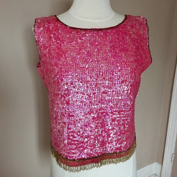 Vintage Sequin Beaded Top Hot Pink - image 1