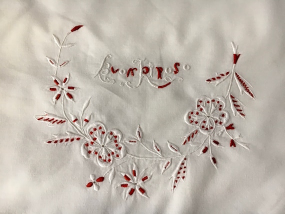 Vintage Red Work Embroidered Sheet Set Buon Riposo