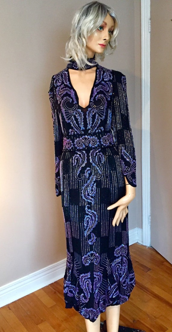 Vintage Eavis & Brown Beaded Silk Dress Lavender