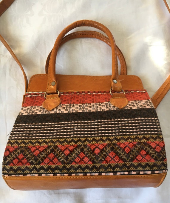 Vintage Leather Chenille Woven Purse Handbag - image 3
