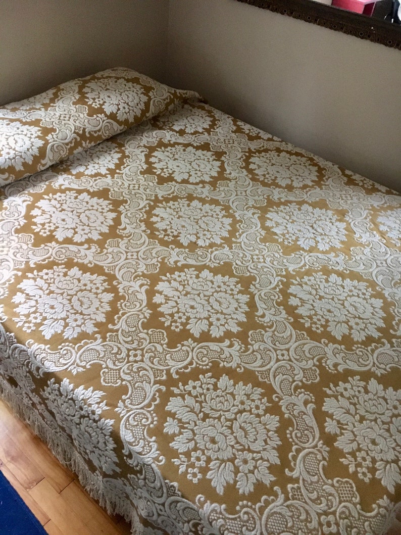 Vintage Heavy Brocade Bedspread Ochre Cream Etsy